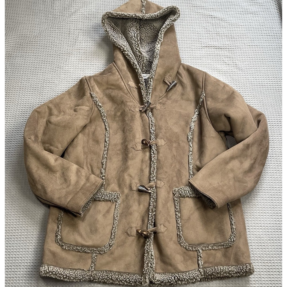 Vintage LL Bean Faux Suede Sherpa Jacket Coat Large Petite LP Womens Toggle